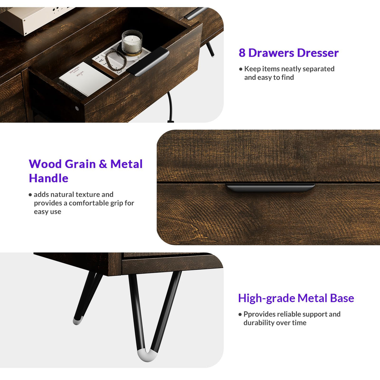 TV Cabinet with Storage LED Lights,Power Outlets,Dresser with 8 Drawers Open Shelf,TV Stand for 32/45/55/65 Inches,Metal Frame & Wood Top Storage Cabinet for Bedroom,Living Room,Hallway Takywep