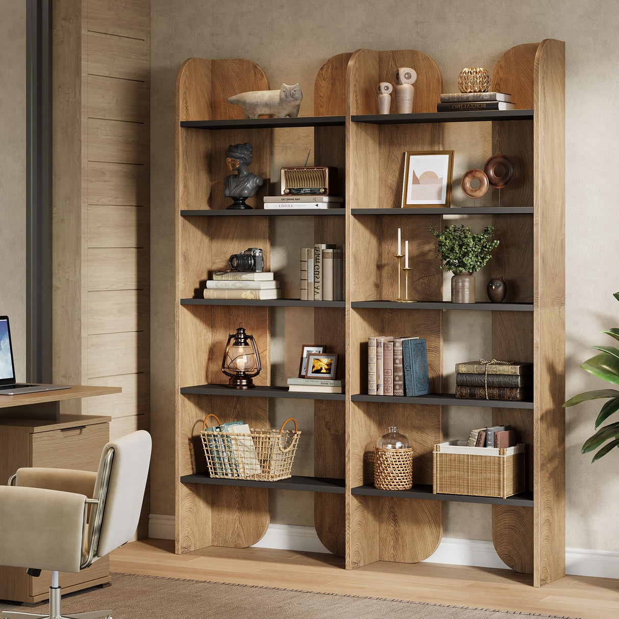 Tribesigns 70.87" Tall Farmhouse Bookshelf, 5-Tier Double Wide Bookcase with Open Shelves, Vintage Bookshelf for Living Room, Office, Study Room, Bedroom (1, Brown+Black) Tribesigns