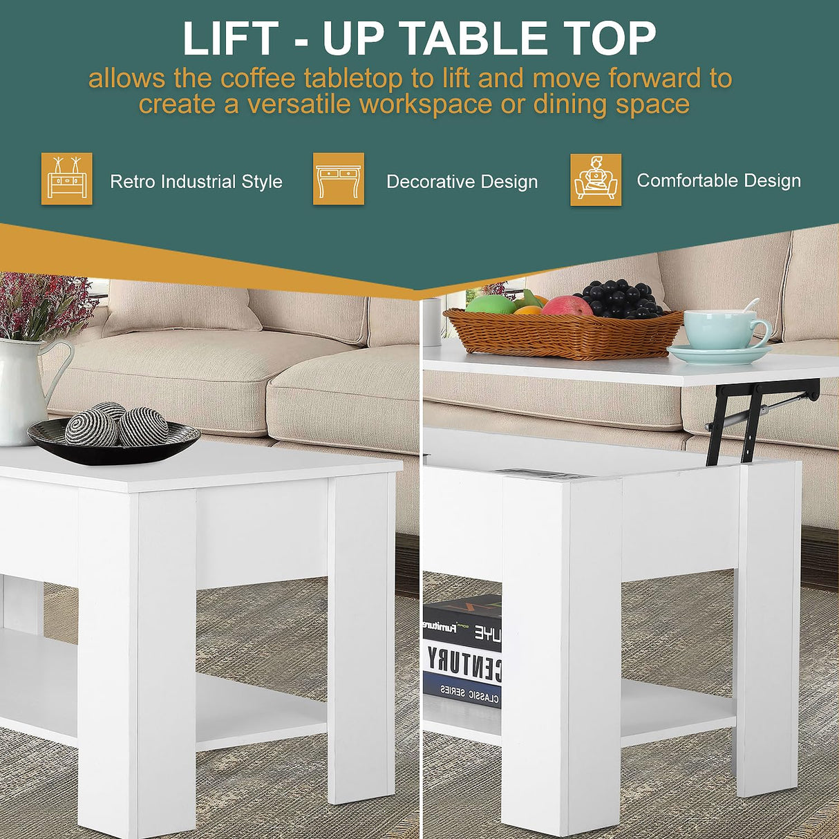PayLessHere Coffee Table Lift Top Coffee Tables with Hidden Compartment and Storage Shelf Wooden Lift Tabletop Dining Table for Living Room Home (White, 39" D x 28" W x 24" H) PayLessHere