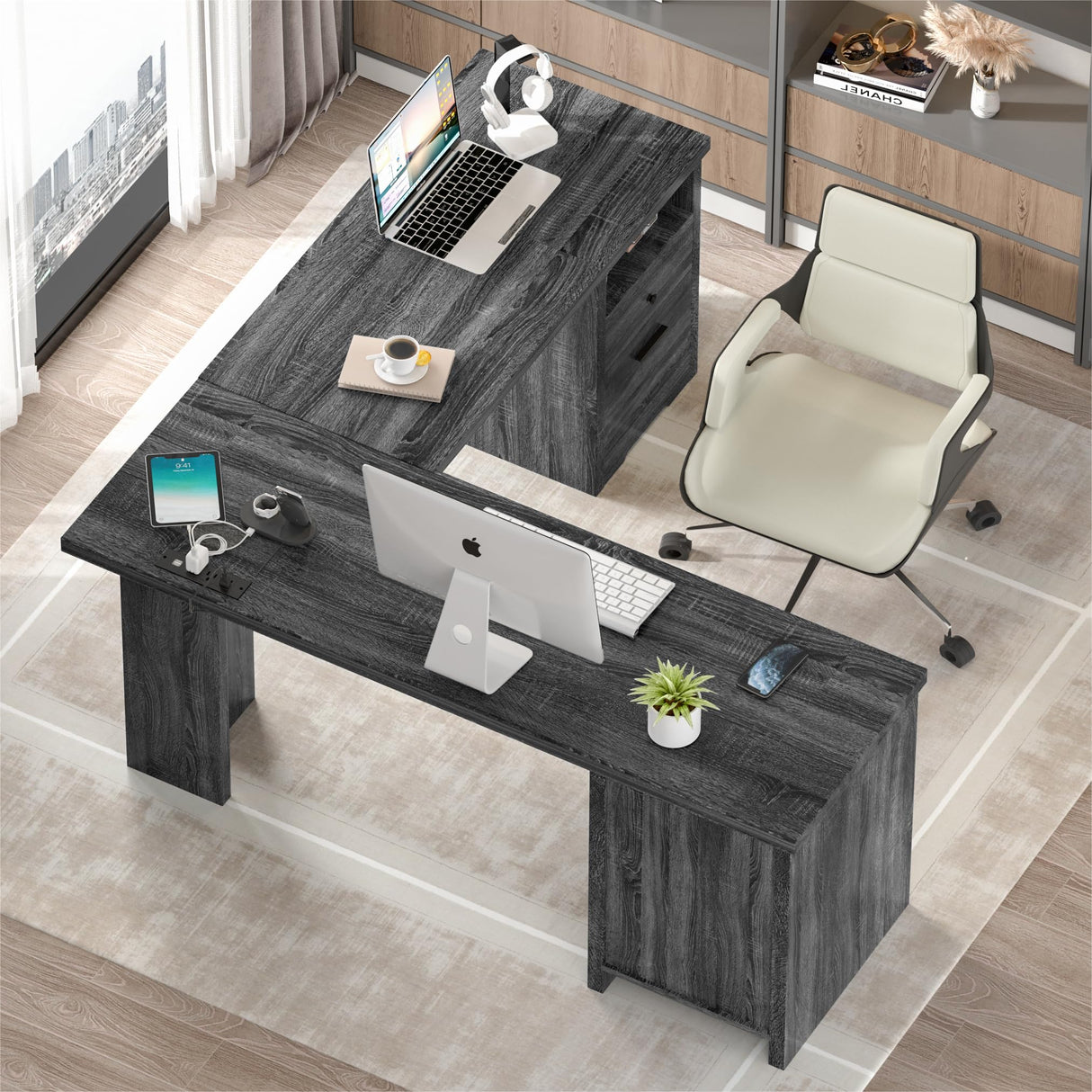 MU L Shaped Desk with File Drawer, 60 Inch Corner Desk with Storage Drawers & Cabinet, Large Home Office Desk with Power Outlets, Wood Executive Office Desk, Grey MU