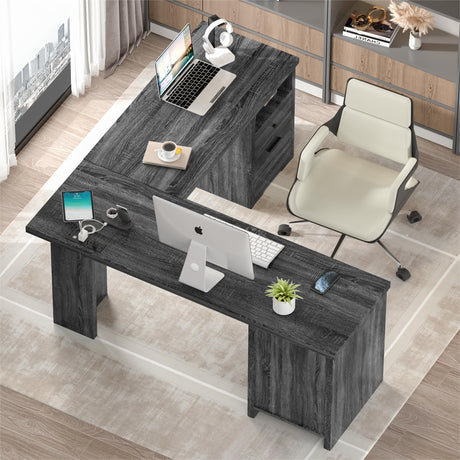 MU L Shaped Desk with File Drawer, 60 Inch Corner Desk with Storage Drawers & Cabinet, Large Home Office Desk with Power Outlets, Wood Executive Office Desk, Grey MU