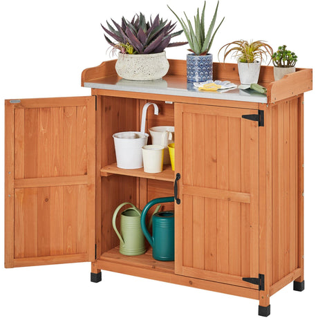 Topeakmart Potting Bench Table - Wooden Storage Cabinet with Removable Shelf & Flexible Space & Metal-plated Tabletop for Outdoor Garden Patio,Brown Topeakmart