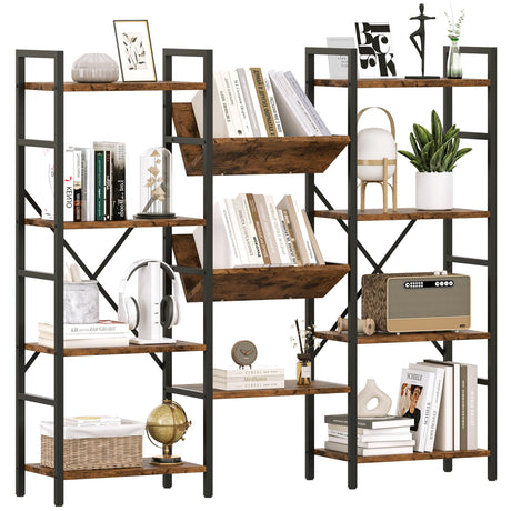 GAOMON Triple Wide 4 Tier Book Shelf, 54.3” Large Bookcase with 11 Open Shelves, Industrial Bookshelves and Bookcases with Metal Frame for Home Office, Study Room, Living Room-Rustic Brown GAOMON
