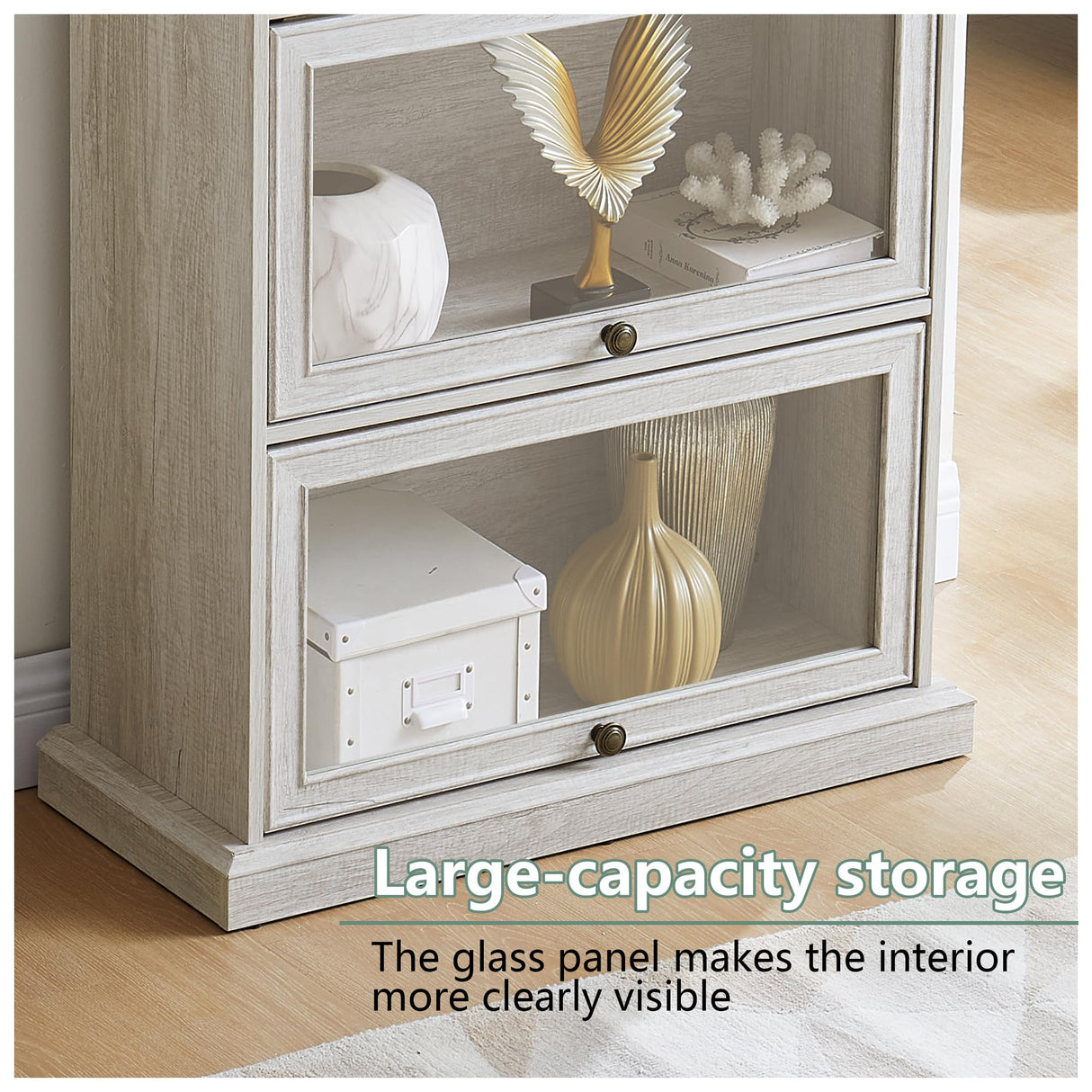 HIUU White Display Curio Cabinet with Glass Doors,White Showcase Display Cabinet,Shelves with Flip-Up Glass Doors,Farmhouse Barrister Bookcase HIUU