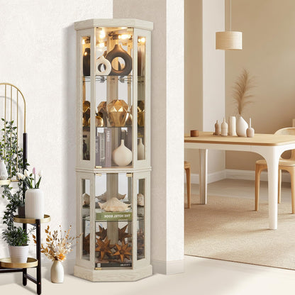 XUWANSHANG Corner Curio Cabinets,Lighted 3-Side Glass Display Curio Cabinet, Curved Wood Corner Cabinet,Curio Cabinets with Glass Doors,Adjustable Shelves,Curio Cabinet for Living Room,Antique White