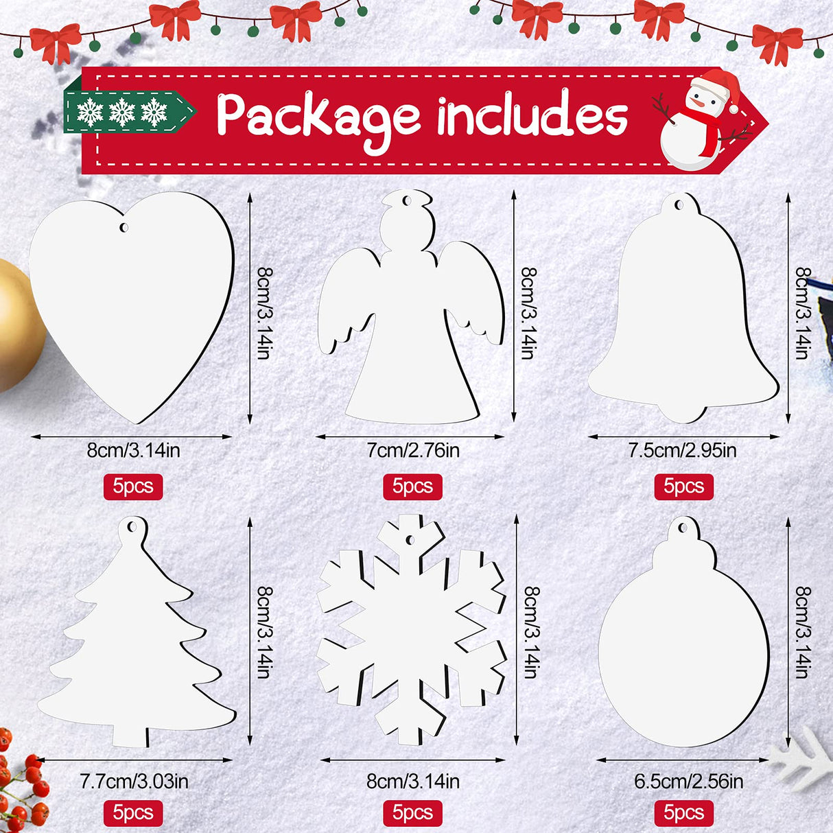 30 Pieces Sublimation Ornament Blank Sublimation Double Sided Blanks Christmas Ornament Blank Personalized Sublimation Blank Pendants DIY Sublimation Pendant Blank with Red Ribbon (Multi Styles) Blulu