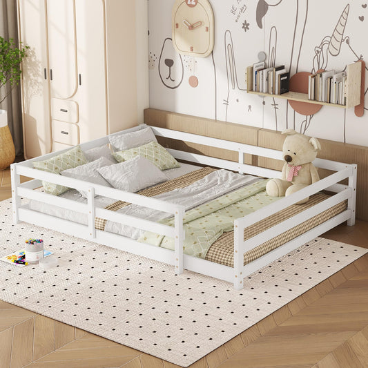 Zyerch Full Size Floor Bed, Montessori Floor Bed with Fence, Kids Montessori Bed Full Size, Wood Montessori Floor Bed for Kids, Girls, Boys (White)