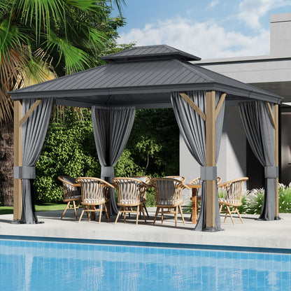 Florise 10x12 Ft Hardtop Gazebo, Heavy Duty Aluminum Frame Permanent Pavilion, Outdoor Double Roof Canopy, Curtain and Netting Included, Pergolas for Patios, Garden, Backyard, Lawns