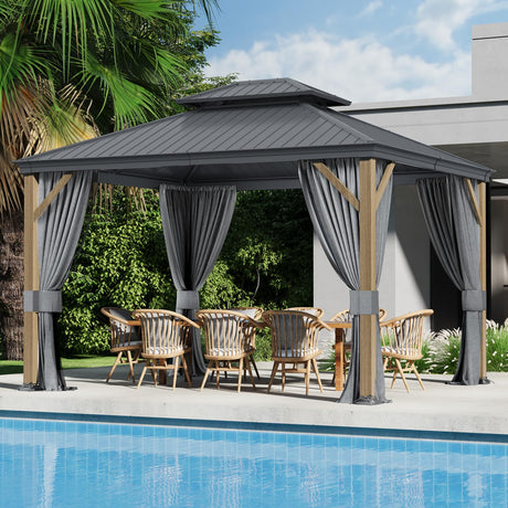 Florise 10x12 Ft Hardtop Gazebo, Heavy Duty Aluminum Frame Permanent Pavilion, Outdoor Double Roof Canopy, Curtain and Netting Included, Pergolas for Patios, Garden, Backyard, Lawns Florise