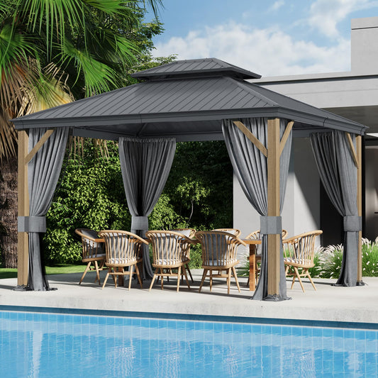 Florise 10x12 Ft Hardtop Gazebo, Heavy Duty Aluminum Frame Permanent Pavilion, Outdoor Double Roof Canopy, Curtain and Netting Included, Pergolas for Patios, Garden, Backyard, Lawns