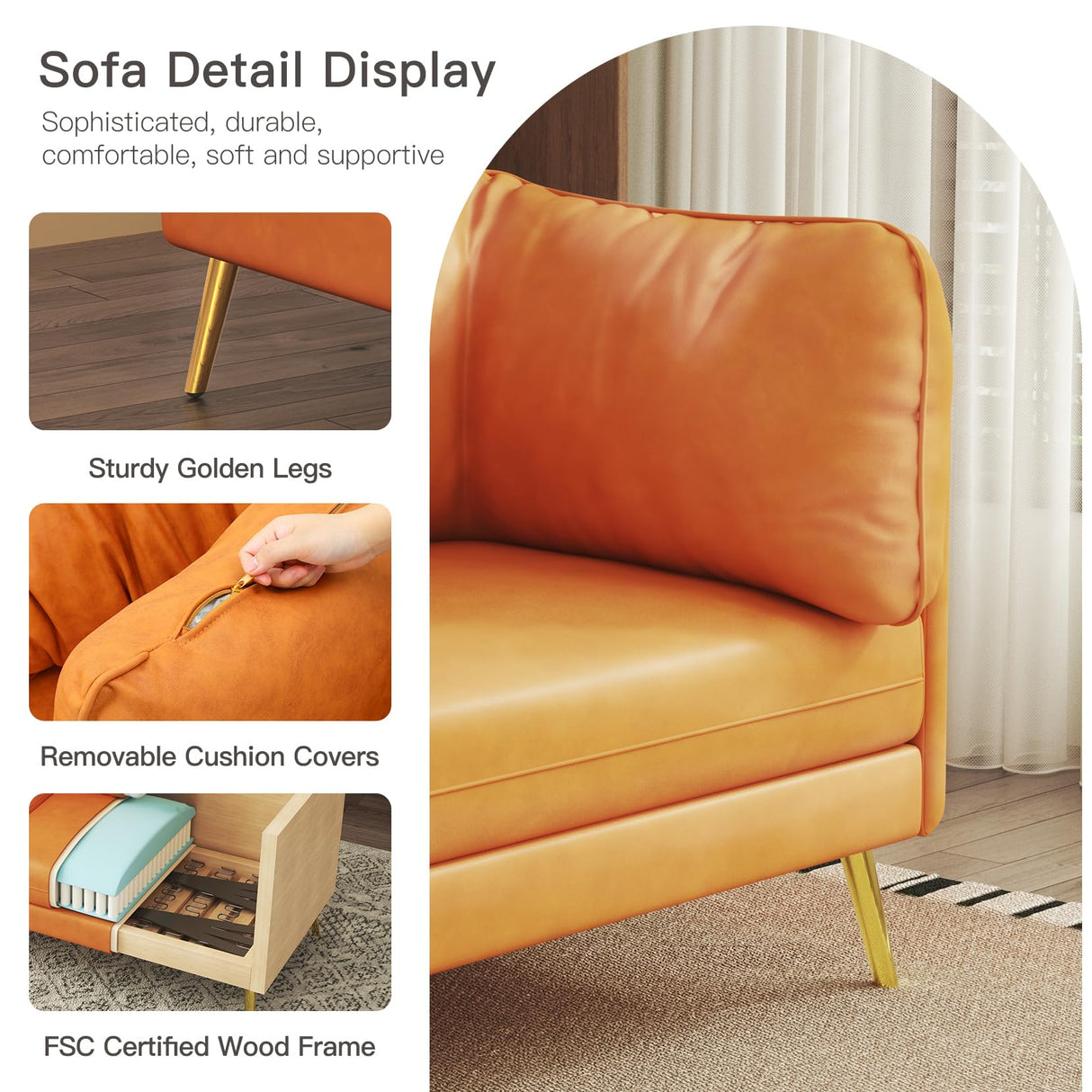 koorlian 73 inch Loveseat Sofa, Mid Century Modern Couch, Orange Fabric Sofa with Soft Comfy Cushion, Orange koorlian