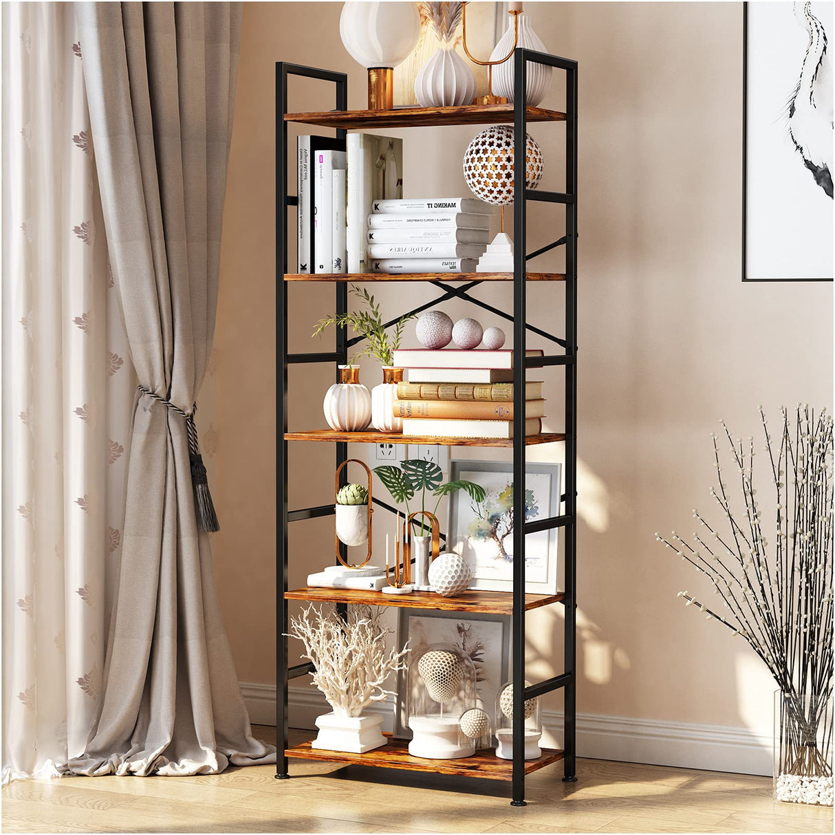 CosyStar 5-Tier Tall Bookcase, Rustic Wood and Metal Standing Bookshelf, Industrial Vintage Book Shelf Unit, Open Back Modern Office Bookcases CosyStar