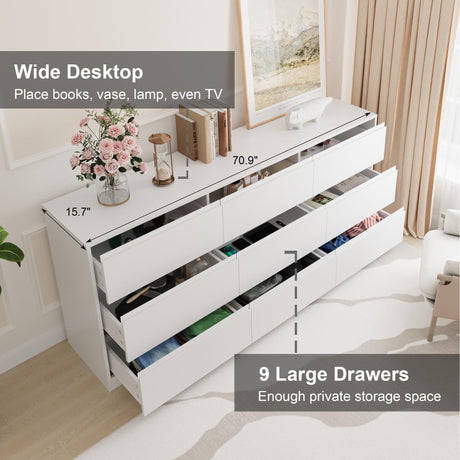 Bobve 70.9” Dresser for Bedroom with 9 Drawers, Large Modern Chest of Drawers with Deep Drawers, Wide Double Dresser Handle Free, Storage Organizer for Bedroom, Living Room, Hallway (White) Bobve