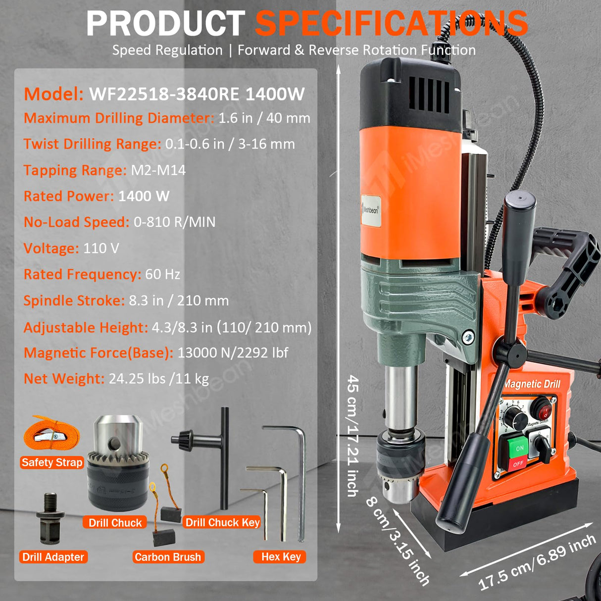 Magnetic Drill, 1400W 1.6" Boring Diameter, 810 RPM Power Magnetic Drill Presses, 2922lbf/13000N Drill Press with Variable Speed, for Metal Surface, Industrial/Home Improvement iMeshbean