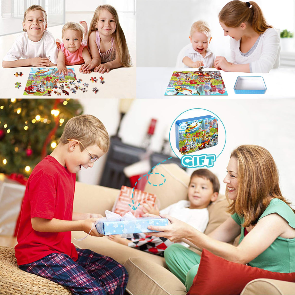 LELEMON Puzzles for Kids Ages 4-8 Vehicles Jigsaw Puzzles in a Metal Box for Kids Boys Girls 100 Pieces Fire Truck Ambulance Police Car Helicopter Aircraft Learning Educational Puzzles LELEMON