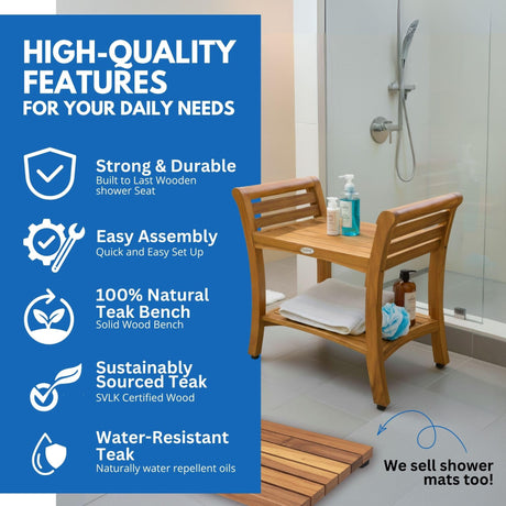 EcoDecors Symmetry 24 Inch Natural Color Waterproof Teak Wood Shower Bench Stool Seat Chair For Inside Shower Storage Shelf Provides Safety, Storage, and Organization For Bathroom Accessories EcoDecors