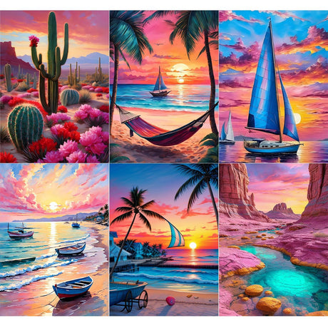 T.HENV Diamond Art Kits for Adults, 6 Packs Summer Beach Daimond Paint by Numbers Kit for Adults, 5D DIY Diamond Painting Kit, Crystal Gem Art Kits for Home Wall Deacor, Living or Bedroom, 12x16 inch T.HENV