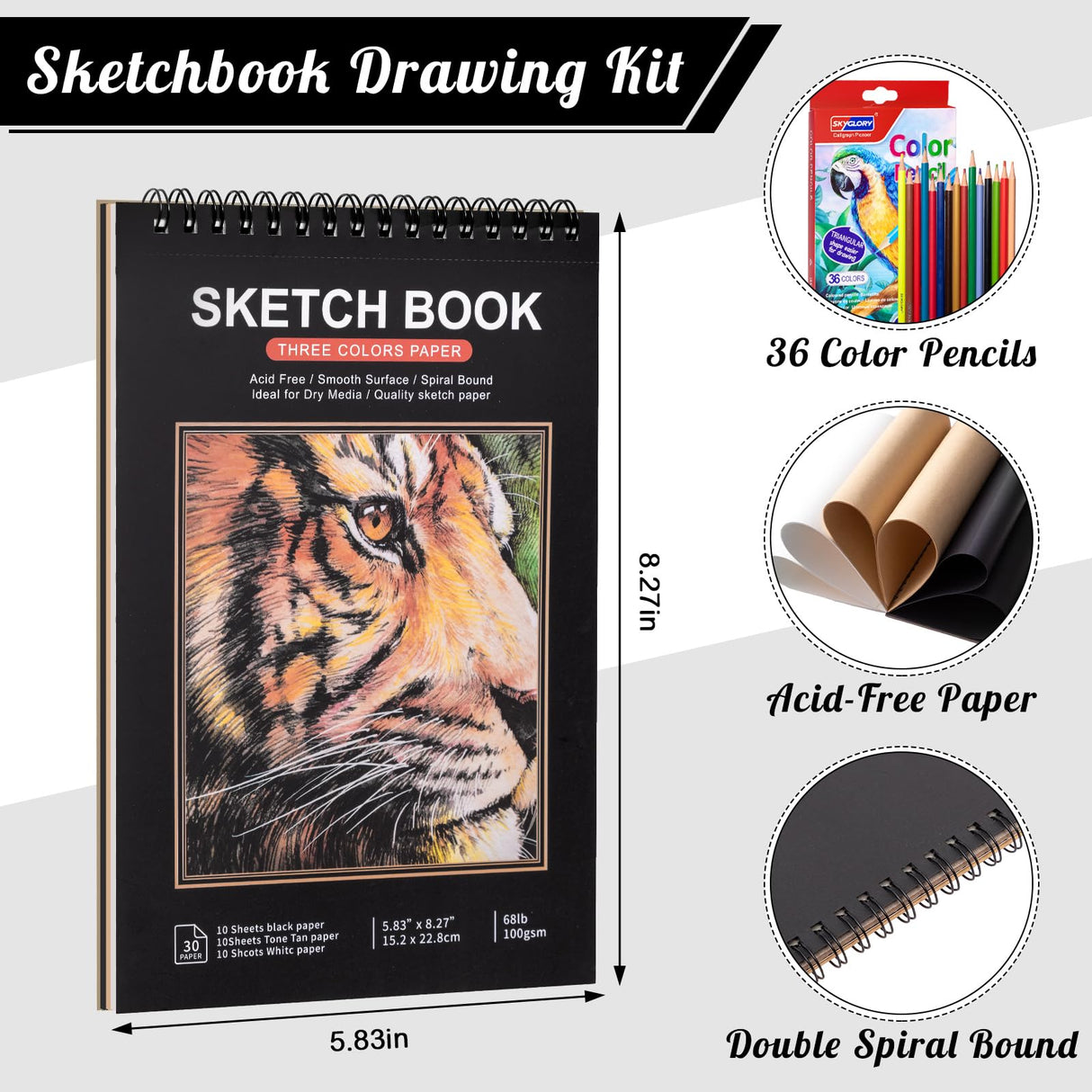 Drawing Sketchbook Kit, A5 Sketch Book with 36 Color Pencils, Three Color Black Sketch Pad, Acid-Free Sketch Pad for Kids, Artist, Art Paper Drawing Supplies for Gifts (5.8×8.3 inch) Prudiut