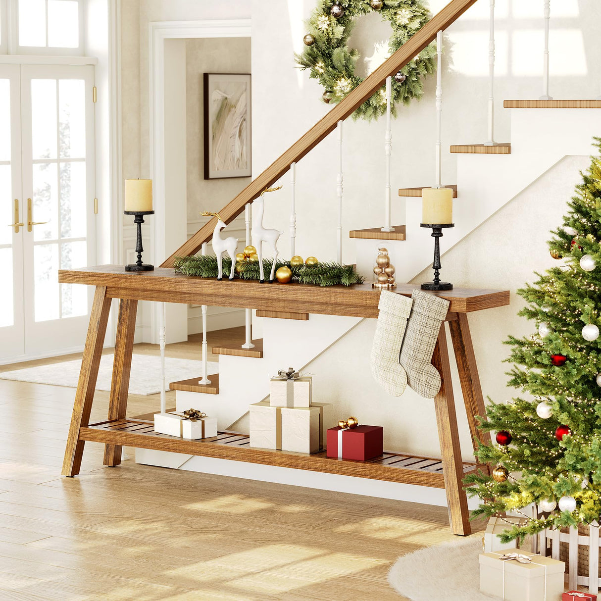 LITTLE TREE 70.9-Inch Extra Long Console Table for Entryway, 2-Tier Narrow Wooden Sofa Table Behind Couch, Large Sofa Tables for Living Room, Farmhouse Foyer Hallway Entry Table, Rustic Brown LITTLE TREE