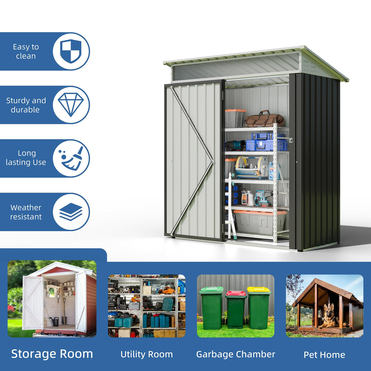 JYQAQA 5x3 FT Outdoor Garden Storage Shed, Waterproof Metal Garden Sheds with Window and Lockable Double Door, Weather Resistant Steel Tool Storage House Shed for Patio, Lawn Dark Gray JY QAQA PET