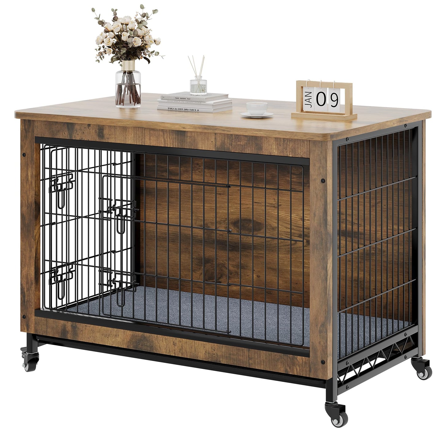 YITAHOME Dog Kennel Furniture with Wheels, Wooden Dog Crate Furniture with Cushion, Dog Crate End Table with Tray, 38" Dog Cage with Double Doors for Small/Medium Dog (Rustic Brown)