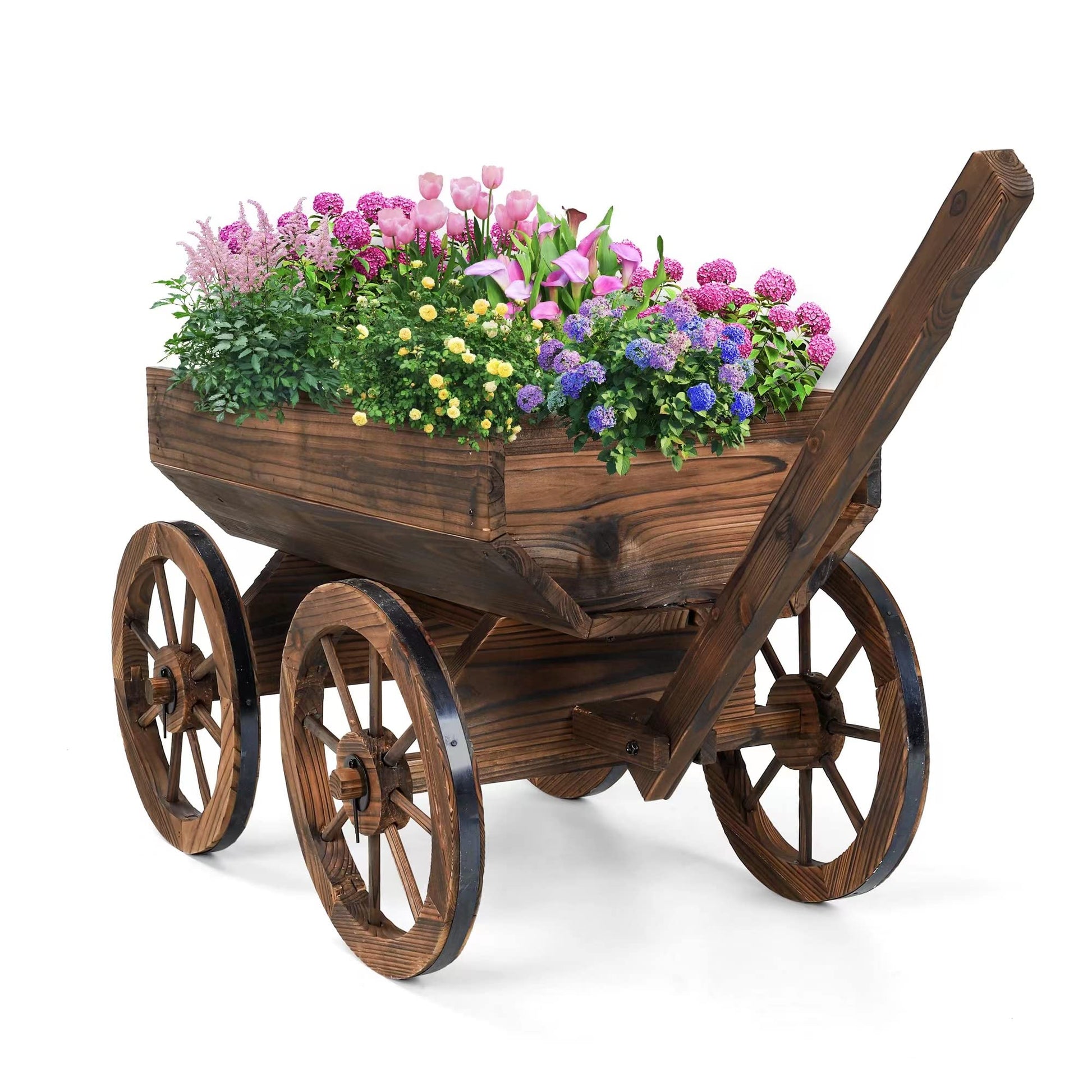 OIPRTGFJ Wood Wagon Planter for Outdoor Balcony Decor - Garden Rustic Wooden Flower Cart with Wheels for Outside Garden Decor Wheelbarrow Planter for Patio - WoodArtSupply