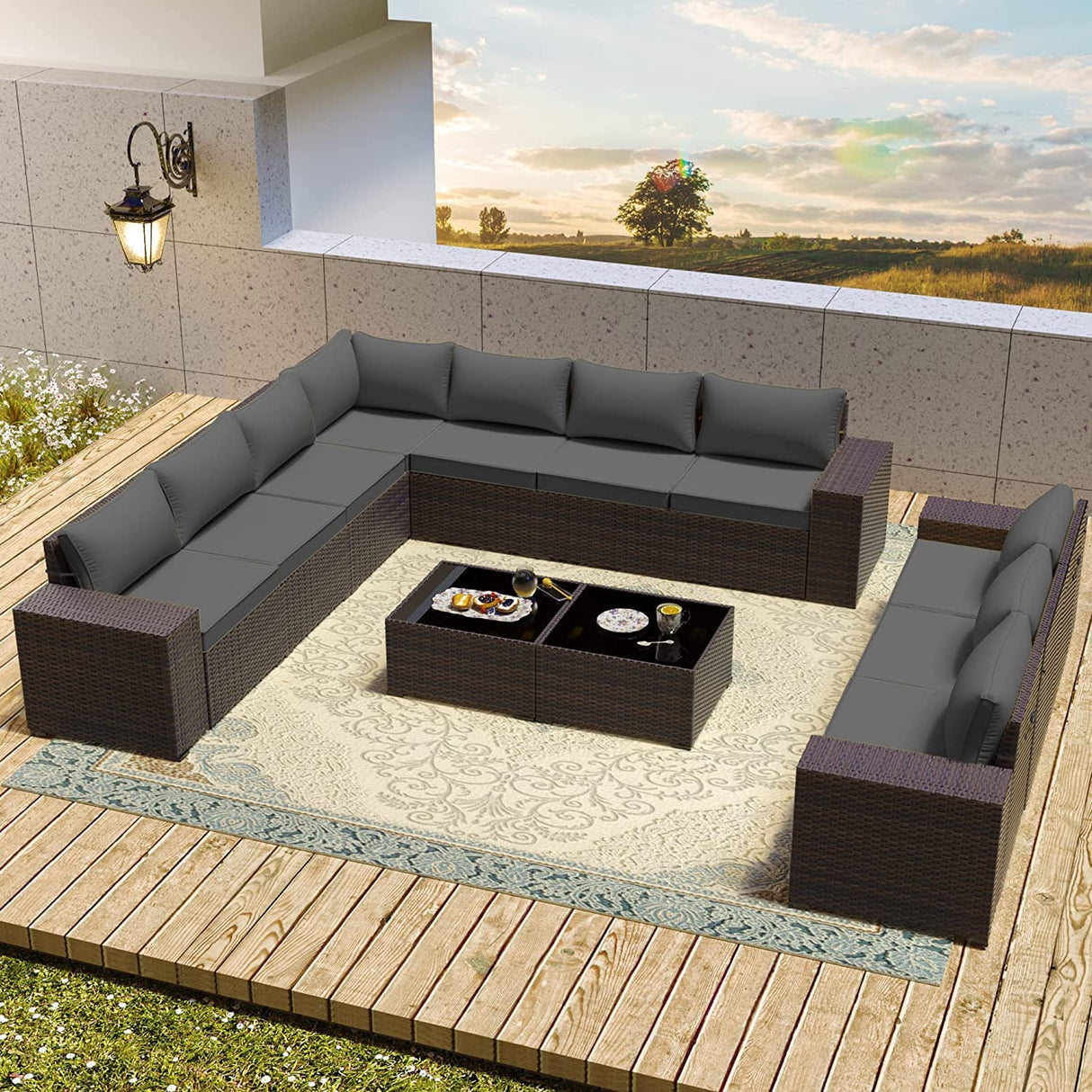 RTDTD Outdoor Patio Furniture Set, 12 Pieces Outdoor Furniture All Weather Patio Sectional Sofa PE Wicker Modular Conversation Sets with Coffee Table,10 Chairs & Seat Clips Grey RTDTD