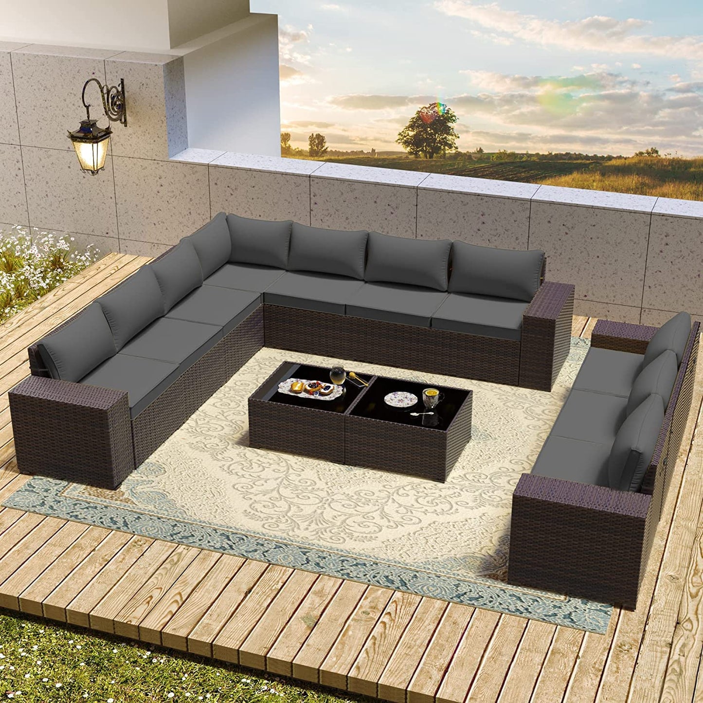 RTDTD Outdoor Patio Furniture Set, 12 Pieces Outdoor Furniture All Weather Patio Sectional Sofa PE Wicker Modular Conversation Sets with Coffee Table,10 Chairs & Seat Clips Grey - WoodArtSupply