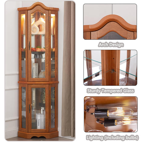 XZTUAJ 66" H Lighted Corner Curio Cabinet, 5 Tier Glass Display Cabinet with Adjustable Shelves and Mirror Back Panel, Corner Curio Storage Rack Wood Display Case for Living Room & Kitchen (Oak) XZTUAJ