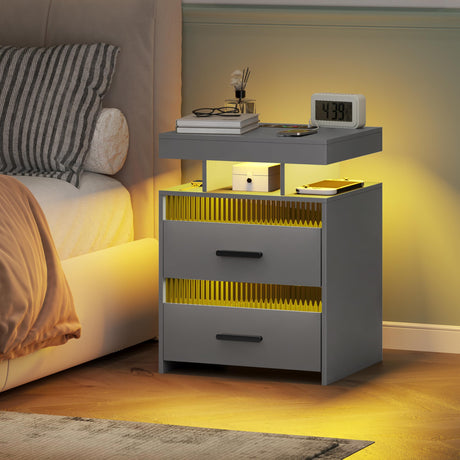 Nightstand with Charging Station and LED Lights, Night Stand with 2 Drawers, Wood Smart Bedside Table, Modern Bed Side Table for Bedroom, Grey QPLZF