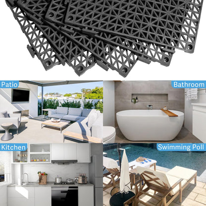 12” x 12” Drainage Interlocking Floor Tiles, 12 Pack Non-Slip Pool Deck Drain Tiles for Flooring, Soft PVC Splicing Modular Cushion Mats, Rubber Floor Tiles with Holes for Shower Basement Garage Shed