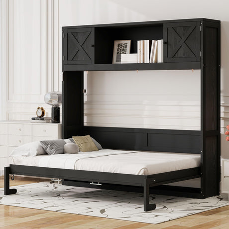 Merax Full Size Murphy Bed with Storage Cabinets, Rustic Solid Wood Wall Bed with 3 Cabinet Shelves, Space Saving Foldable Bed for Studio Apartment, Guest Room, Home Office, Black Merax