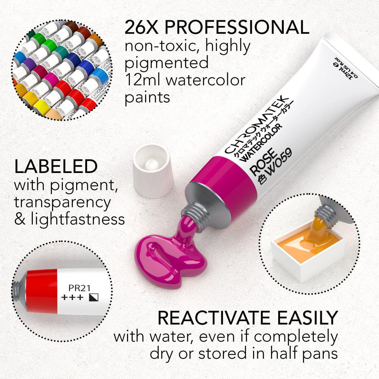 CHROMATEK Watercolor Paint Set | 62 Piece Kit | Video Tutorial Course | Adults, Kids, Beginner & Professional Artists | Paper, 8 Brushes, Palette, Aquapen, Masking Tape | 12ml Tubes CHROMATEK