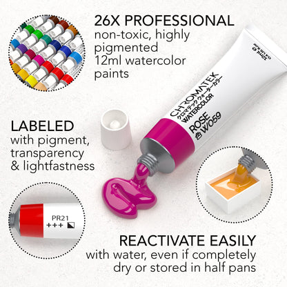 CHROMATEK Watercolor Paint Set | 62 Piece Kit | Video Tutorial Course | Adults, Kids, Beginner & Professional Artists | Paper, 8 Brushes, Palette, Aquapen, Masking Tape | 12ml Tubes