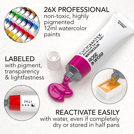 CHROMATEK Watercolor Paint Set | 62 Piece Kit | Video Tutorial Course | Adults, Kids, Beginner & Professional Artists | Paper, 8 Brushes, Palette, Aquapen, Masking Tape | 12ml Tubes CHROMATEK