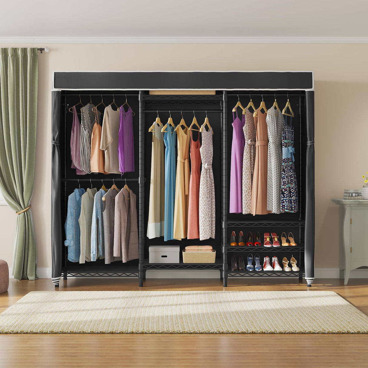 VIPEK V5C Heavy Duty Covered Clothes Rack Portable Bedroom Armoires Rack, Black Metal Clothing Rack with Black Cover, Adjustable Custom Freestanding Closet Wardrobe, Max Load 890LBS VIPEK