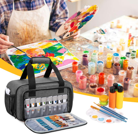 Acrylic Paint Organizer Bag for up to 54 Bottles (2 oz), Art Supply Storage Case with Handle Strap, Extra Pocket for Paint Brushes, etc, Aluminum Foil Liner for Easy Cleaning, Patented Design (Grey) GRAOSO