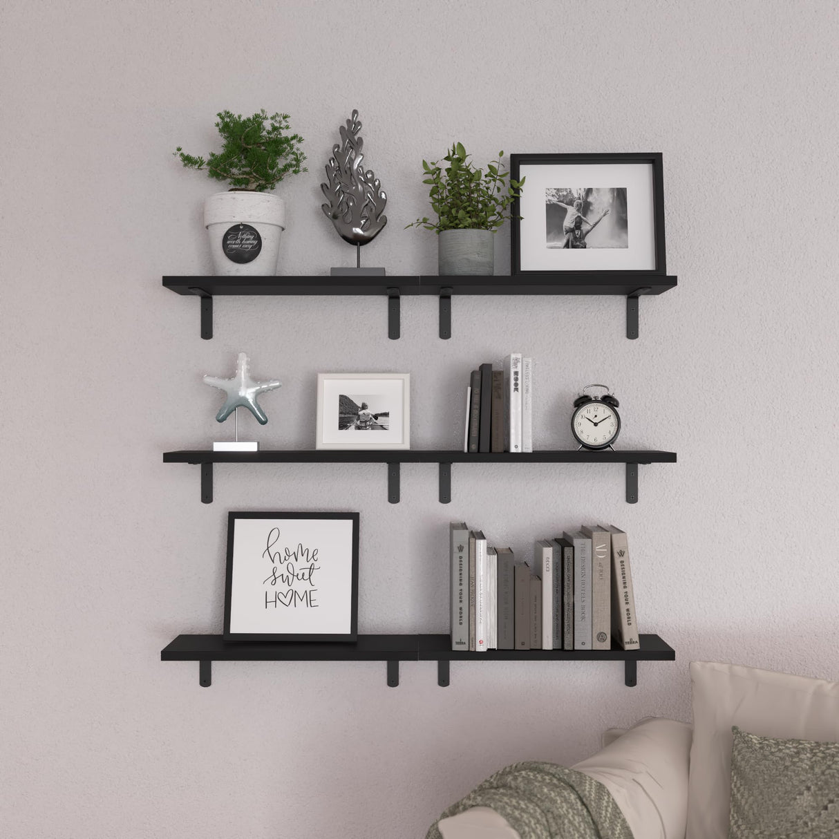 WOPITUES Wood Floating Shelves Set of 6, Shelves for Wall Decor, Farmhouse Shelf for Bedroom, Bathroom Storage Shelves, Book Shelves for Living Room-Black WOPITUES