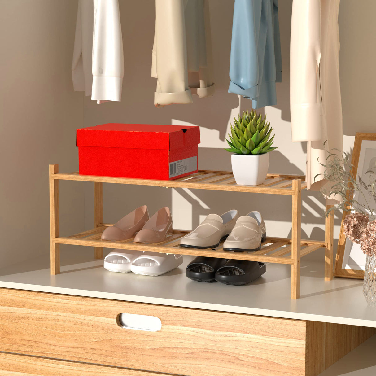 RONGJIA 2 Tier Bamboo Shoe Rack for Closet Free Standing Wood Shoe Shelf Storage Organizer for Entryway Small Space Stackable, Natural RONGJIA
