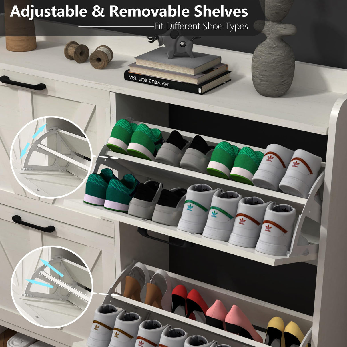 VINYUSE Shoe Cabinet with 4 Flip Drawers, Shoe Storage Cabinet for Entryway, Freestanding Hidden Shoe Cabinet Organizer with Open Storage, Narrow Shoe Rack with Legs, Oak White VINYUSE