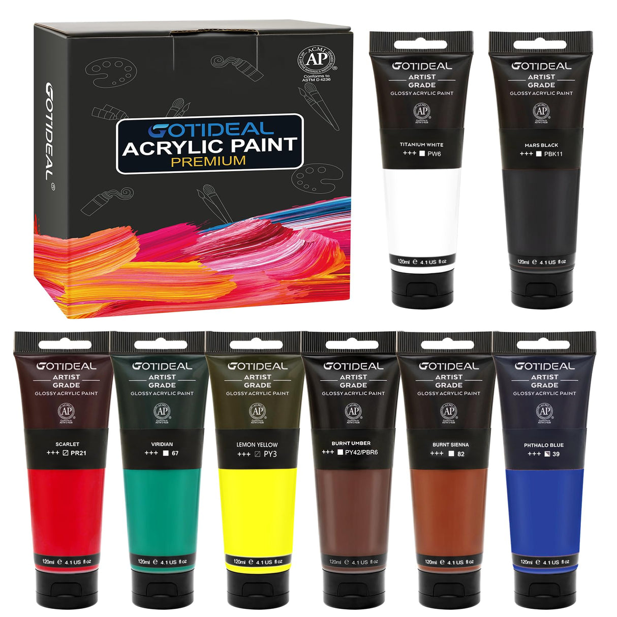 GOTIDEAL Craft Acrylic Paint Set,8 Primary Colors（(120ml,4 oz) Rich Pigments Non-Toxic Washable, Professional Paint for Pouring on Canvas, Rocks, Ceramic, Fabric, Leather, Ideal for Artist, Adults GOTIDEAL
