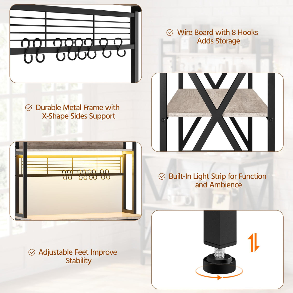 Yaheetech Kitchen Bakers Rack with Power Outlet & LED Lights, 5 Tiers Coffee Bar Table with 8 S Hooks, 64 Inches Tall Microwave Oven Stand with Storage for Spices, Pots, Gray Yaheetech