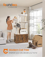 Feandrea Cat Tree, 66.9-Inch Cat Tower with Litter Box Enclosure, Large Cat Condo with Food Station, Storage, Scratching Posts, Cat Cave, Hammock, Washable Cushions, Rustic Brown UPCT169K01 Feandrea