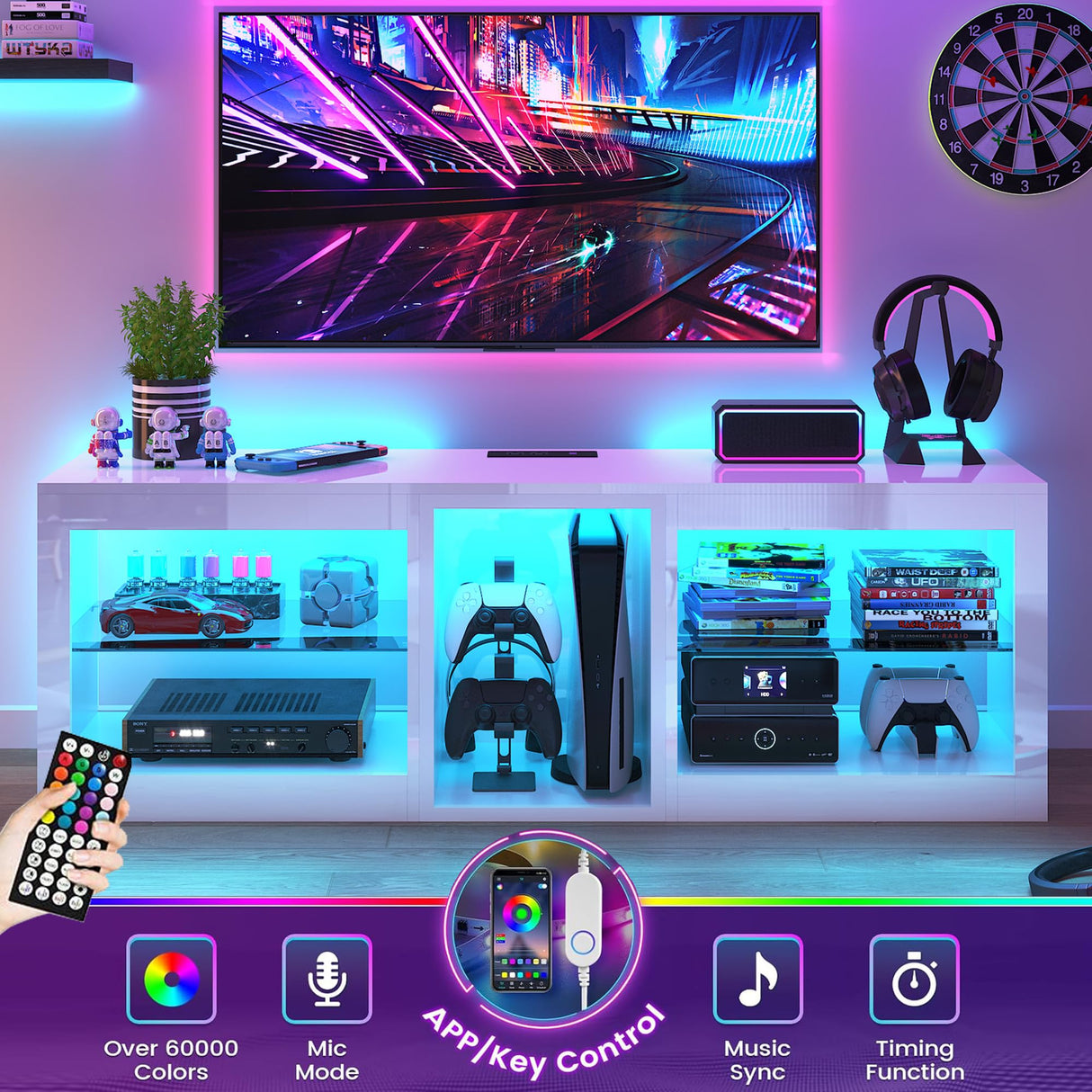 Vinctik 6&Fox High Gloss LED TV Stands w/Power Outlet,60,000-Colors Lighting for 55 60 65 70in TV,Modern White LED Entertainment Center w/Adjustable Glass Shelves for Living Room Gameroom Bedroom Vinctik 6&Fox