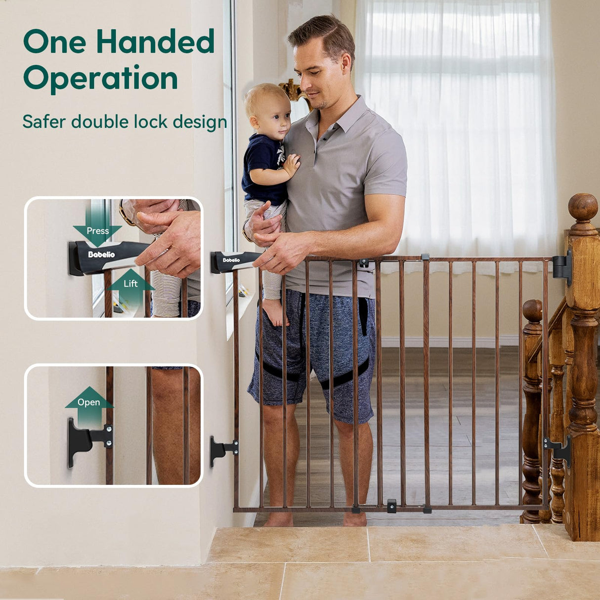 Babelio 26-43" No Bottom Bar Baby Gate for Babies, Elders and Pets, 2-in-1 Hardware Mount Dog Gate for The House, Stairs and Doorways, with Large Walk Thru Door, Black Wood Pattern BABELIO