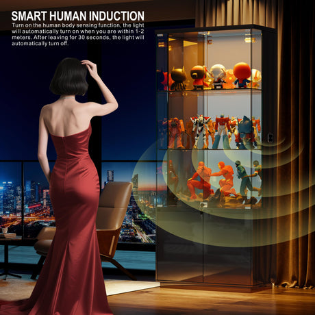 HNEBC 71'' Display Cabinet with Glass Doors&3 Color Lights&Lockable for Bedroom Black,High Gloss Curio Cabinet with Adjustable Glass Shelf 3-Tier Bookcase for Living Room HNEBC