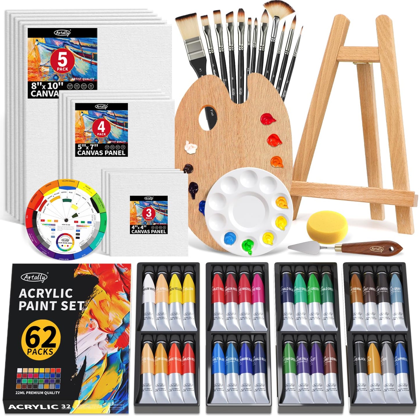 ARTALLY Acrylic Paint Set for Adults & Kids, 62 Pcs Canvas Painting Kits, 32 Colors Acrylic Paint (22ML),Table Easel,Brushes,Canvas, Art Painting Supplies Kit for Students,Artists,Beginners