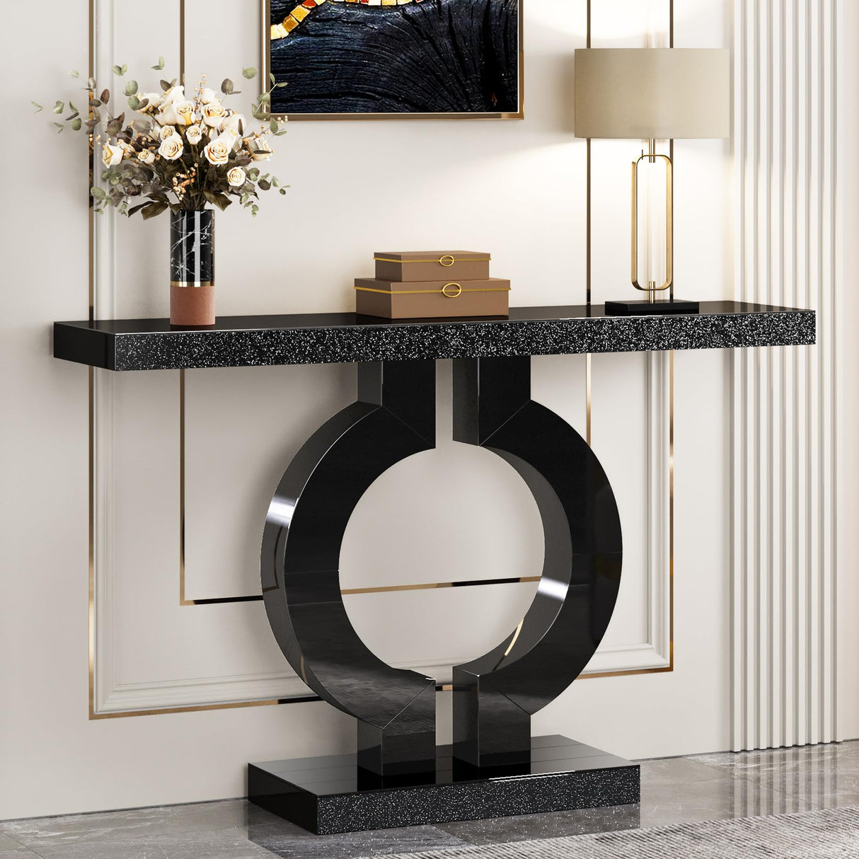 Tribesigns Modern Mirrored Console Table, Glass Sofa Table with Mirror Finish, 43-Inch Entryway Table with O-Shaped Base, Rectangular Accent Foyer Table for Living Room Hallway Entrance (Black) Tribesigns