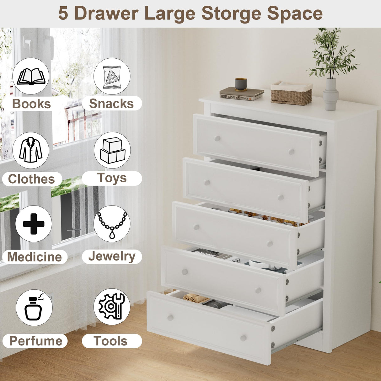 KSOBEBVT 5 Drawer Dresser, Tall Wooden Chest of Drawers for Bedroom, Closet Storage Cabinet and Organizer Drawers for Living Room Hallway Entryway, 15.7" D x 31.5" W x 45.7" H (White) KSOBEBVT