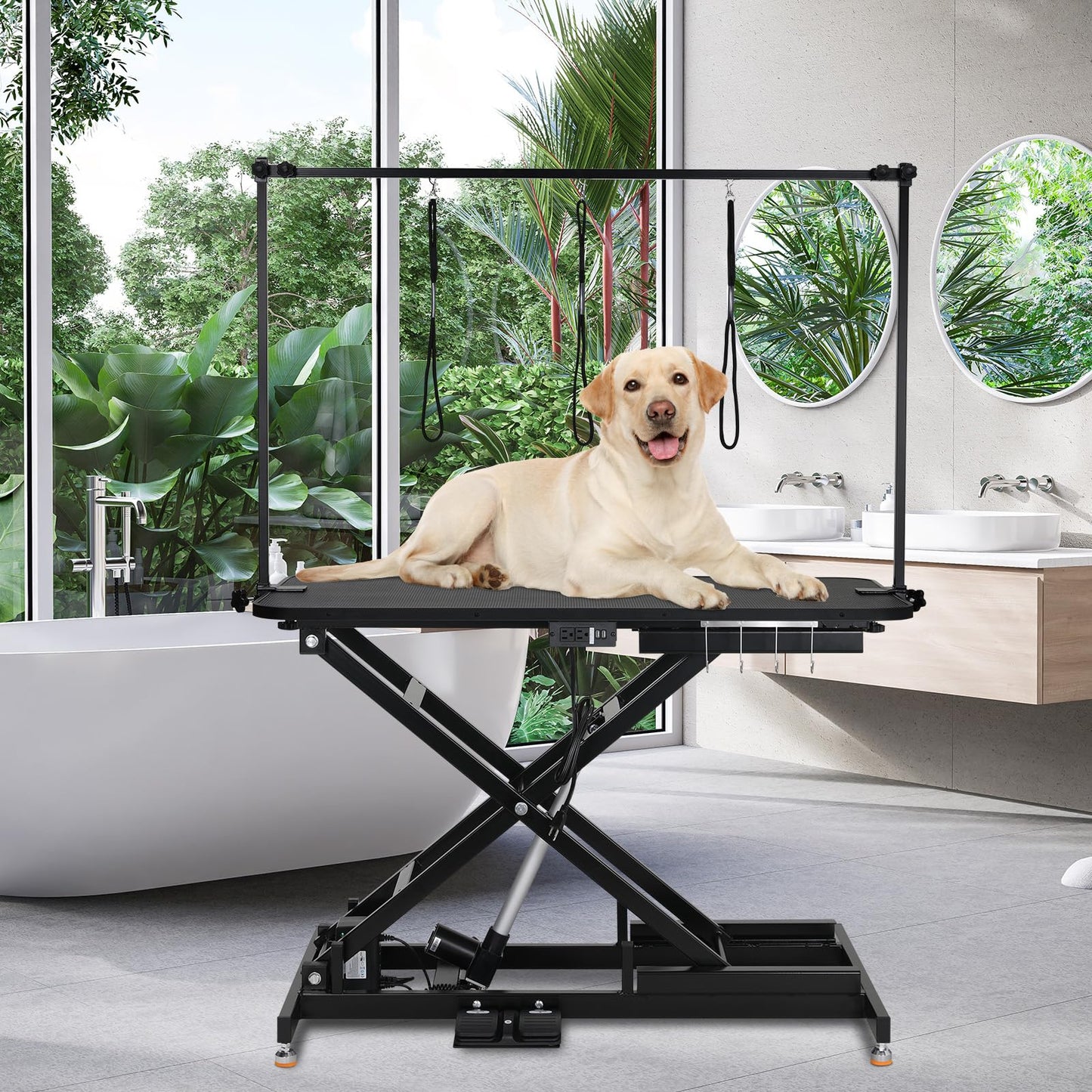 MAMIZO 50'' Electric Dog Grooming Table, Professional Heavy Duty Pet Hydraulic Grooming Table w/Overhead Arm, 3 Noose & Multi-hole Socket, Height Adjustable Grooming Station For Large Dogs, BLACK